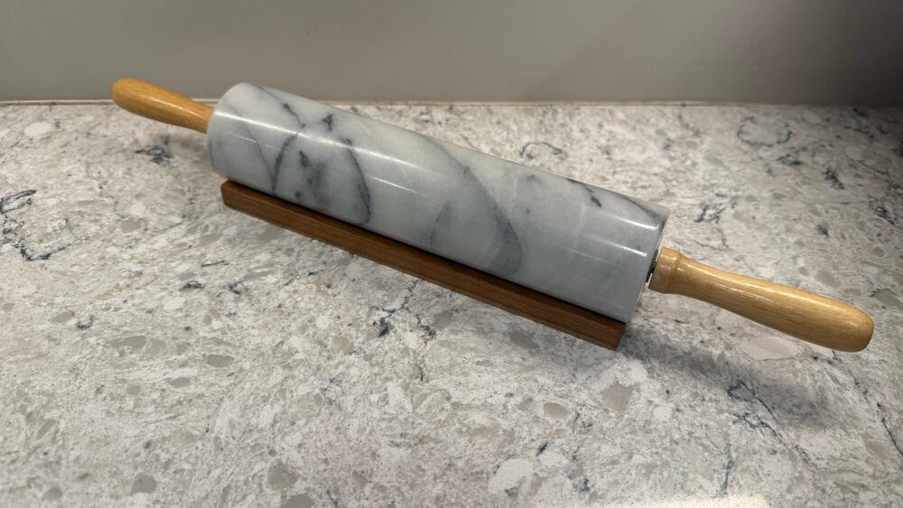 Polished White Marble Rolling Pin featuring Wooden Handles & Stand